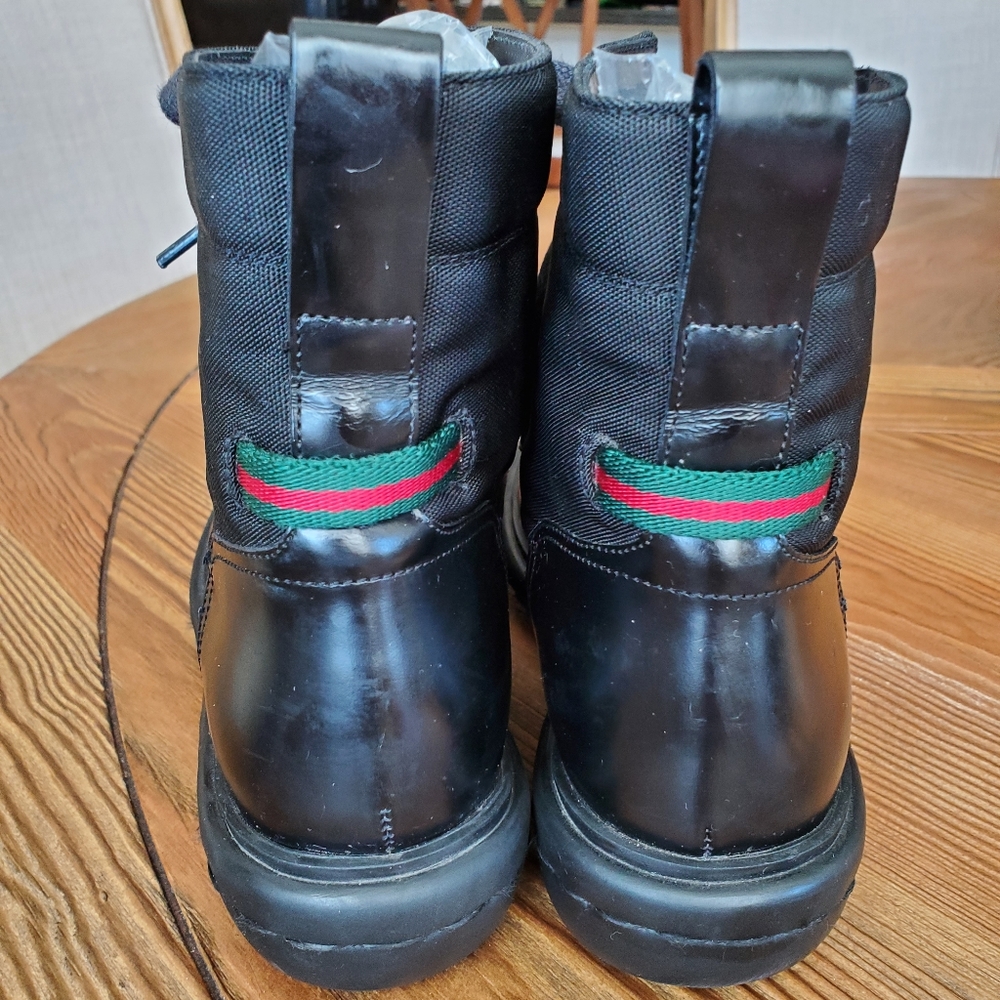 Gucci Black Lace Up Boots with Green and Red Accents